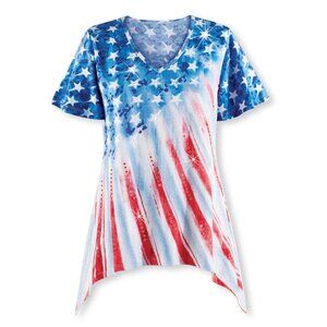 New XXL Ombre Red White Blue Sparkling Stars & Stripes Sequin Shark Bite Tunic